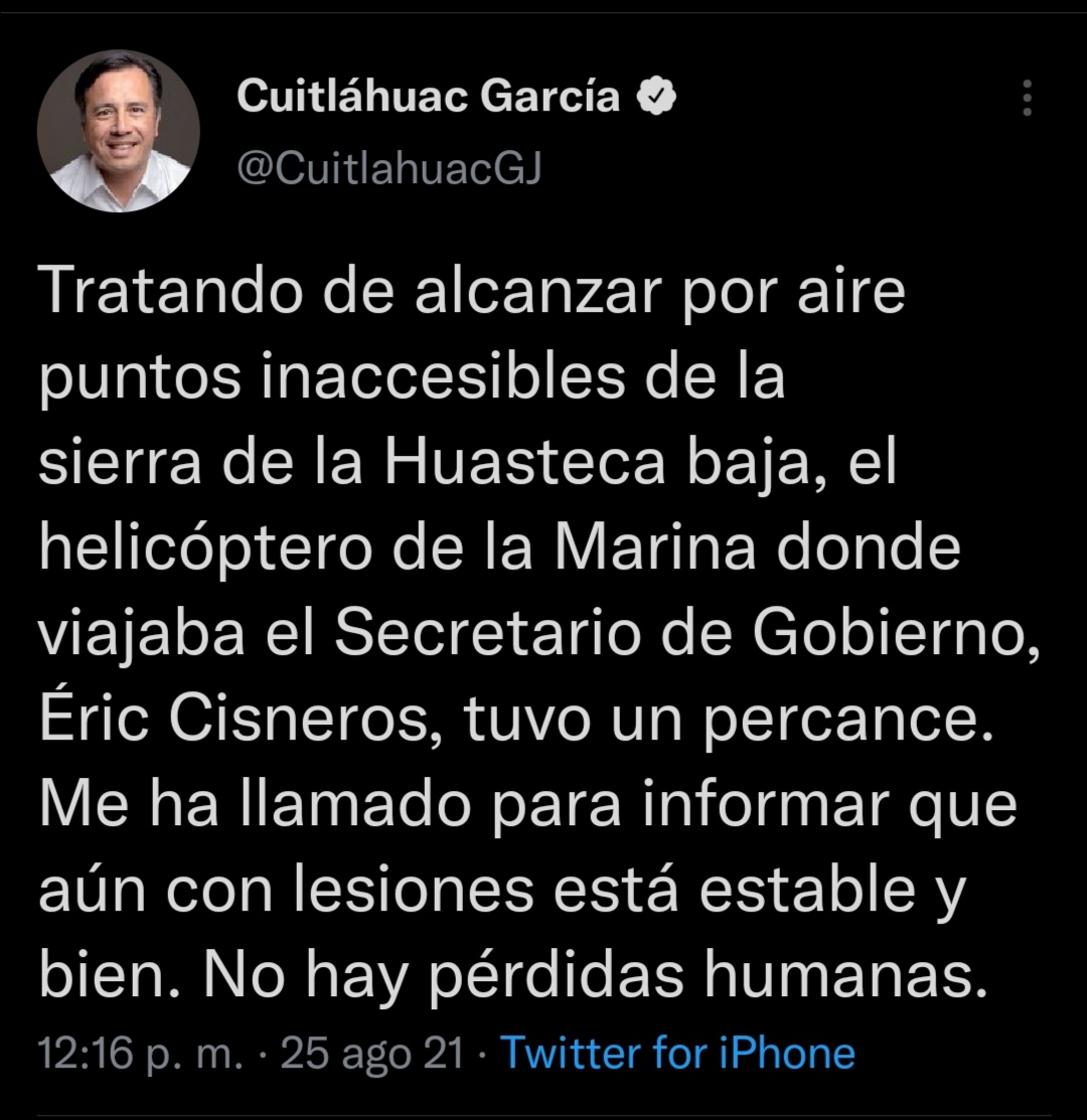 Sobrevolando la Huasteca baja, se accidente Eric Cisneros; está estable: Cuitláhuac García