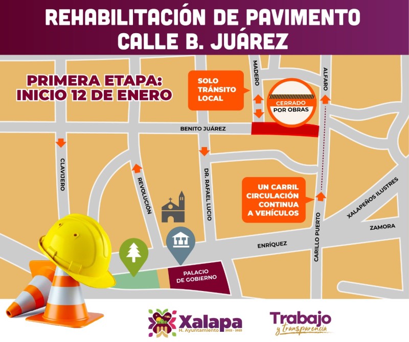 Cierre vehicular por rehabilitación de calle Benito Juárez en Xalapa; tomen sus precauciones