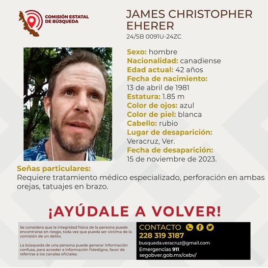 Desaparece canadiense en Veracruz y piden ayuda para encontrarlo